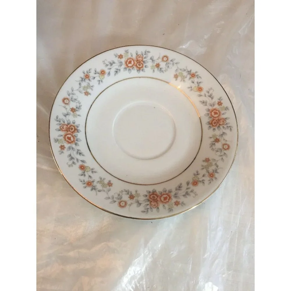 VTG FTDA 1987 Footed Tea Cup & Saucer White Silver Band Peach Floral Cottagecore